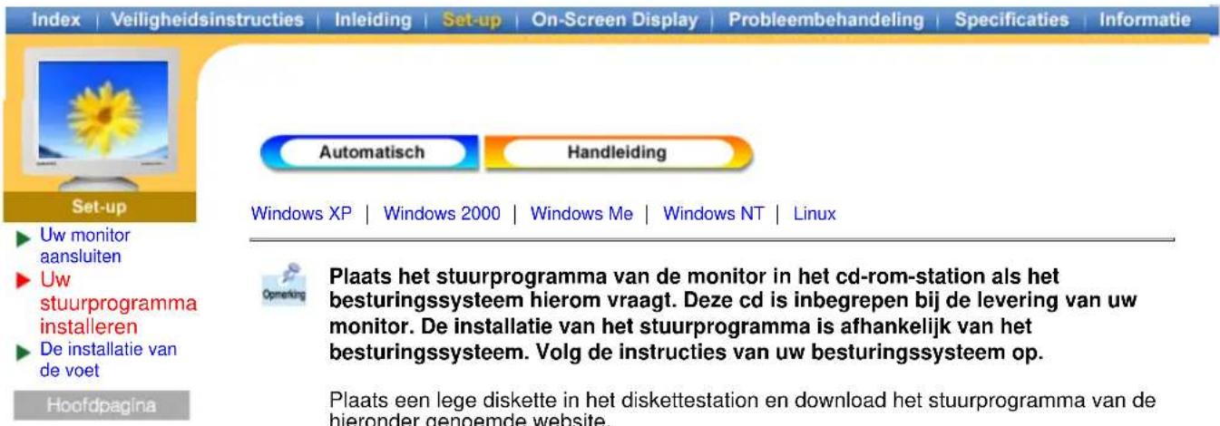 Index | Veiligheidsinstructies | Inleiding | Set-up | On-Screen Display | Probleembehandeling | Specificaties | Informatie Automatische handleiding Windows XP | Windows 2000 | Windows Me | Windows NT | Linux Set-up Uw monitor aansluiten Uw stuurprogramma installeren De installatie van de voet Hoofdp…