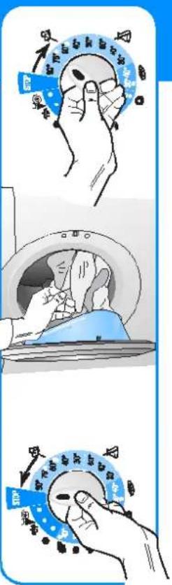 Illustration showing three steps of a washing machine operation: step 1 with hand pressing down, step 2 opening the door, and step 3 adjusting the dial.