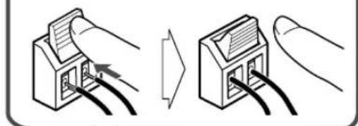Diagram showing two connected electrical connectors with wires, one being inserted and the other holding a cable (no text or symbols present)