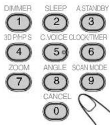 DIMMER 1 3D PHP S 4 ZOOM 7 SLEEP 2 C.VOICE CLOCK/TIMER 5 ANGLE 8 CANCEL 0 A.STANDBY 3 6 SCAN MODE 9