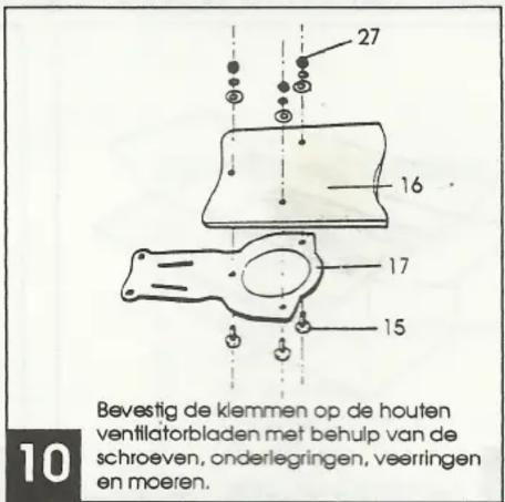 27 16 17 15 Bevestig de klemmen op de houten ventilatorbladen met behulp van de schroeven, onderlegringen, veerringen en moeren. 10