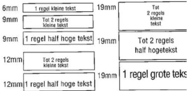 6mm 1 regel kleine tekst 19mm Tot 9mm Tot 2 regels kleine tekst 19mm Tot 2 regels kleine tekst 9mm 1 regel half hoge tekst 19mm Tot 2 regels half hogetekst 12mm Tot 2 regels kleine tekst 19mm 1 regel grote teks 12mm 1 regel half hoge tekst