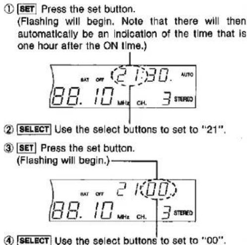① SET Press the set button. (Flashing will begin. Note that there will then automatically be an indication of the time that is one hour after the ON time.) SAT OFF 2:30. AUTO 88.10 MHz CH. 3 STEREO ② SELECT Use the select buttons to set to "21". ③ SET Press the set button. (Flashing will begin.) SAT OFF 2:100 88.10 MHz CH. 3 STEREO ④ SELECT Use the select buttons to set to "00".
