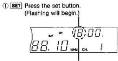 ① SET Press the set button. (Flashing will begin.) BAT ON 18:00. 88.10 MHz CH. 1