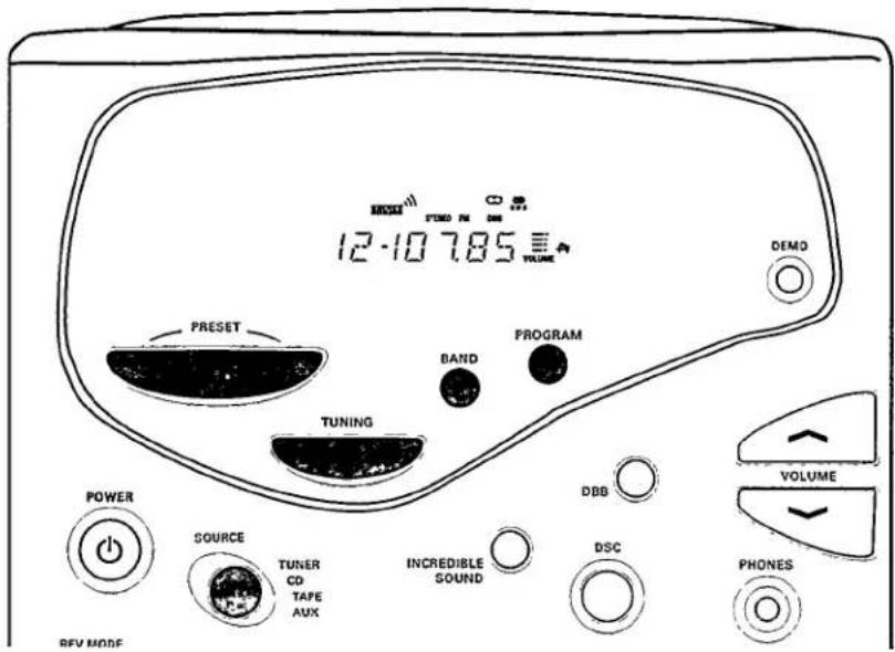 12:10 7.85 VOLUME PRESET TUNING BAND PROGRAM POWER SOURCE TUNER CD TAPE AUX INcredible SOUND DBB VOLUME DSC PHONES REV MODE