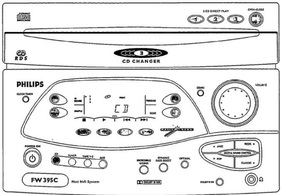 3CD DIRECT PLAY OPEN-CLOSE 1 2 3 RDS CD CHANGER PHILIPS CLOCK TUNER TUNER TAPE 1-2 AUX INCREMBLE SOUND DYNAMIC SASS BOOST OPTIMAL POWER ON TUNER TAPE 1-2 AUX DIGITAL SOUND CONTROL POP CLASSIC JAZIC ROCK DOUSY B NR DOUSY B NR FW 395C Mini Hifi System