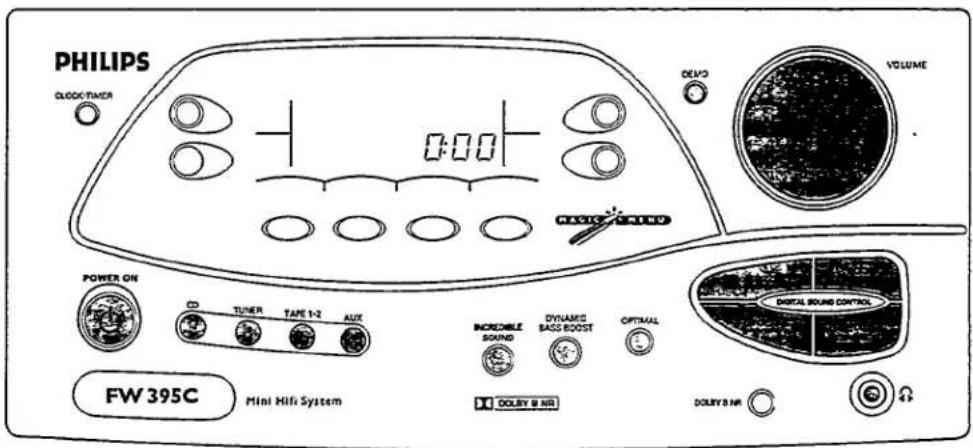 PHILIPS CLOCK-TIMER 0:00 DELVO VOLUME RAGIC CREAM POWER ON TUNER TAPE 1-2 AUX INDRIDIBLE DYNAMIC OPTIMAL SOUND BASS BOOST DIGITAL SOUND CONTROL DWGLEY 8 NR DWGLEY 8 NR FW 395C Mini Hifi System