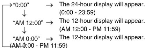 graph TD A["0:00"] --> B["AM 12:00"] B --> C["AM 0:00"] C --> D["AM 0:00 - PM 11:59"] E["The 24-hour display will appear. (0:00 - 23:59)"] --> F["The 12-hour display will appear. (AM 12:00 - PM 11:59)"] F --> G[""The 12-hour display will appear. (AM 0:00 - PM 11:59)"]