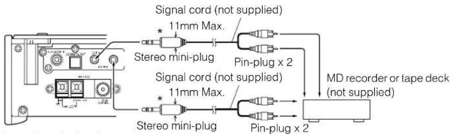 Signal cord (not supplied) 11mm Max. Stereo mini-plug Pin-plug x 2 Signal cord (not supplied) 11mm Max. Stereo mini-plug Pin-plug x 2 MD recorder or tape deck (not supplied)