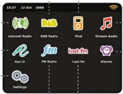 15:27 12 Oct 2009 Internet Radio DAB Radio iPod Stream Audio Aux In FM Radio lost.fm Last.fm Alarms Settings