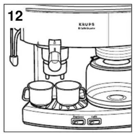 Line drawing of a coffee maker setup with two cups and a stand, labeled '12'. No text or symbols on the diagram itself.