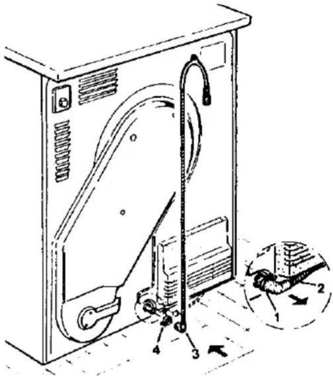 Technical diagram of a refrigerator with labeled parts and directional arrows indicating mechanical components