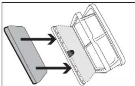 Diagram showing a device with arrows pointing to a folded panel or cover.