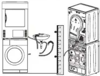 Line drawing of a washing machine setup with front panel, sideboard, and rack unit.