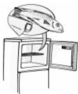 Line drawing of a fish-shaped object above an open refrigerator (no text or symbols)