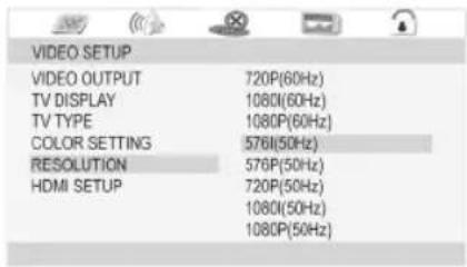 Video Setup: Video Output 720P (60Hz), TV Display 1080I (60Hz), TV Type 1080P (60Hz), Color Setting 576I (50Hz), Resolution 576P (50Hz), HDMI Setup 720P (50Hz), 1080I (50Hz), 1080P (50Hz).