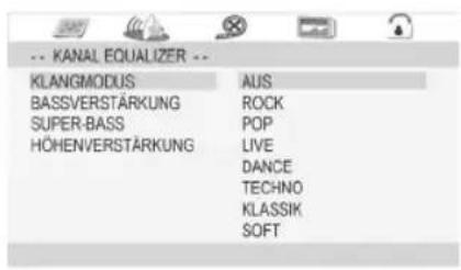 KANAL EQUALIZER KLANGMODUS BASSVERSTÄRKUNG SUPER-BASS HÖHENVERSTÄRKUNG AUS ROCK POP LIVE DANCE TECHNO KLASSIK SOFT