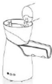 Line drawing of a hand holding an object into a container (no text or symbols).