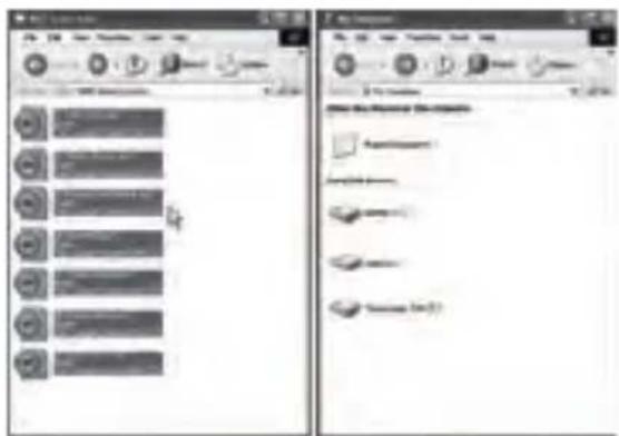 Screenshot of a software interface showing two panels: one displaying a grid of icons and text, the other showing a list with icons and a folder labeled 'My Computer'.