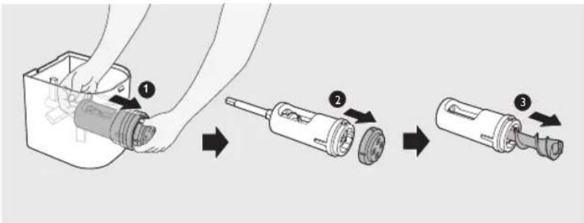 Diagram showing three-step assembly of a device with labeled parts: opening, disassembly, and final insertion.