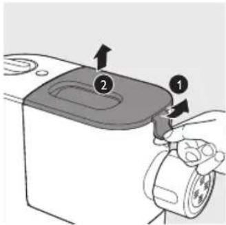 Diagram showing a hand operating a microwave oven with labeled parts 1 and 2, indicating component positioning.