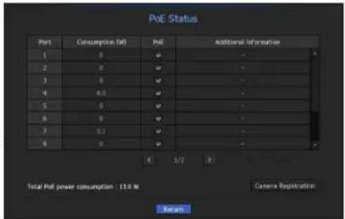 PoE Status Port Consumption (in) Pull Additional Information 1 0 ✓ - 2 0 ✓ - 3 0 ✓ - 4 8.3 ✓ - 5 0 ✓ - 6 0 ✓ - 7 6.1 ✓ - 8 0 ✓ - Total Pull power consumption: 11.6 W Camera Registration Return