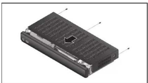 3D rendering of a black electronic device with ventilation slots and an arrow indicating a component.