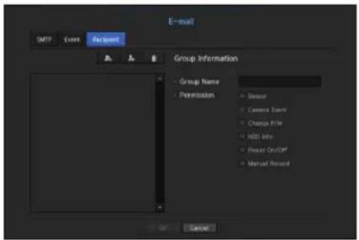 E-mail SMTP Event Request Group Information Group Name Perflossion Sensor Camera Event Change Print Hids Info Power Grid/Off Manual Record OK Cancel