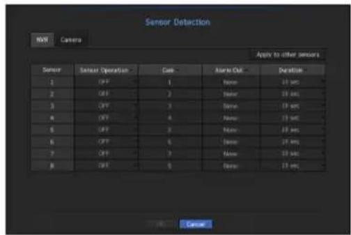 Sensor Detraction NVR Camera Apply to other sensors Sequence Sequence Operation - Case - Alert Out - Duration 1 OFF 1 Name 25 sec 2 OFF 2 Name 20 sec 3 OFF 3 Name 19 sec 4 OFF 4 Name 23 sec 5 OFF 5 Name 27 sec 6 OFF 6 Name 27 sec 7 OFF 7 Name 20 sec 8 OFF 8 Name 23 sec Cancel