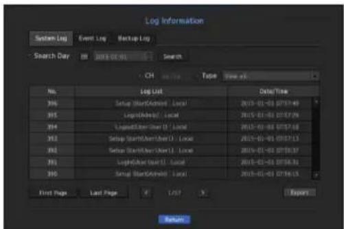 Log Information System Log Event Log Backup Log Search Day 01 2013-01-01 Search CH Type New No. Log List Date/Time 396 Setup StartChannel Local 2013-01-01 07:57:49 395 LegendChannel Local 2013-01-01 07:57:28 394 LegendChannel Local 2013-01-01 07:57:48 393 Setup StartChannel Local 2013-01-01 07:57:13…