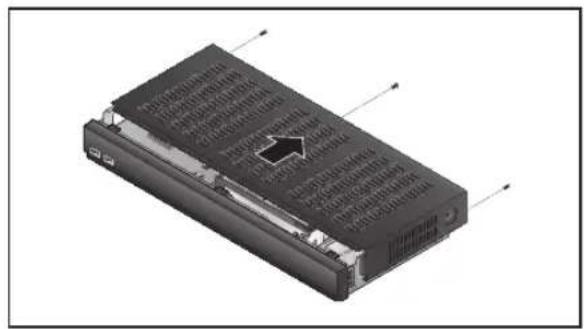 3D rendering of a black rectangular electronic device with ventilation grilles and an arrow pointing to a component (no text or symbols visible).