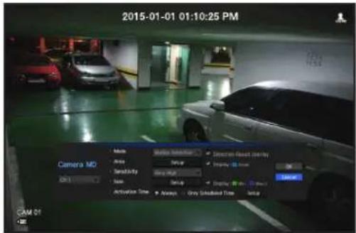 2015-01-01 01:10:25 PM Camera MD Mode Audio Sensitivity Noise Activation Time Always Grey Sensitive Time Setup Connection Reset (Play) Display Gray OK Cancel