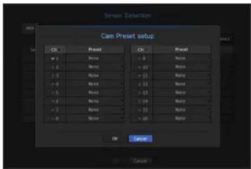 Cam Preset setup Ch Preset CI Preset 1 None = 9 None 2 None = 10 None 3 None = 11 None 4 None = 12 None 5 None = 13 None 6 None = 14 None 7 None = 15 None 8 None = 16 None OK Cancel