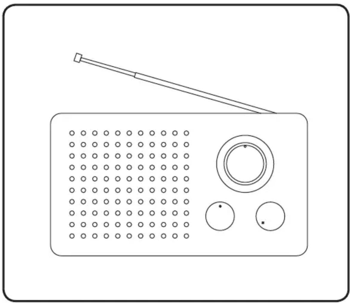 Line drawing of a radio with a antenna, grid, and three circular buttons (no text or symbols)
