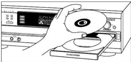 Illustration of a hand inserting a CD into a CD recorder device (no text or symbols visible)