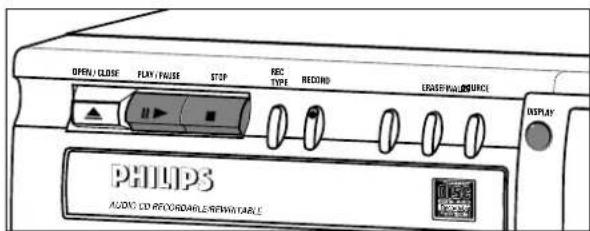 OPEN CLOSE FLUSH FUSE STOP REC TYPE RECORD EQUIFALIANCE DISPLAY PHILIPS AUDIO CD RECORDABLE/REFRANTABLE