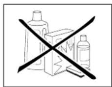 Warning symbol with crossed-out black box and plastic bottle, indicating no chemical hazard or toxicity.