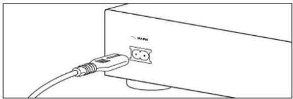 Line drawing of a cable inserted into a device labeled 'M app' (no text or symbols beyond label)