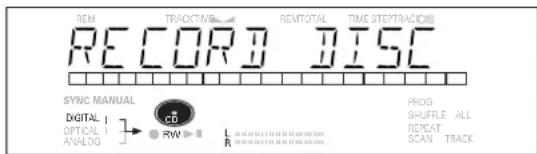 REM TRACK/TIME REMTOTAL TIME STEP/TRACC RECORD IISC SYNC MANUAL DIGITAL OPTICAL ANALOG CD RW PROG SHUFFLE ALL REPEAT SCAN TRACK