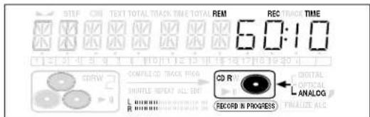 STEP ON TEXT TOTAL TRACK TIME TOTAL REM 6:01:00 REC TRACK TIME CD RW COMPLETED TRACK PROG DRIVE REPEAT ALL SET R REDRICH COOKING OUT CD R DIGITAL OPTICAL ANALOG RECORD IN PROGRESS FINALIZE ALC