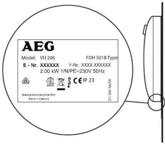 AEG Modell: VH 206 FDH 5018 Typ E - Nr. XXXXXX F-Nr. XXXX XXXXXX 2.00 kW 1/N/PE~230V 50Hz Monopositive sung beachfin! Modern Germany CE IP 23 25-360-34258