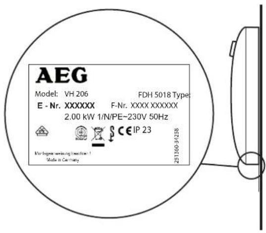 AEG Model: VH 206 FDH 5018 Type: E - Nr. XXXXXX F-Nr. XXXX XXXXXX 2.00 kW 1/N/PE~230V 50Hz Verlegenerung (bechanie) Made in Germany CE IP 23 241360-3-258