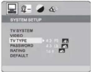 SYSTEM SETUP TV SYSTEM VIDEO TV TYPE 4.3 PS PASSWORD 4.3 PS RATING 16.9 DEFAULT