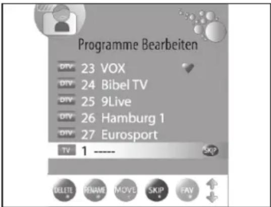 Programme Bearbeiten DTV 23 VOX DTV 24 Bibel TV DTV 25 9Live DTV 26 Hamburg 1 DTV 27 Eurosport TV 1 ---- SKIP DELETE RENAME MOVE SKIP FAV