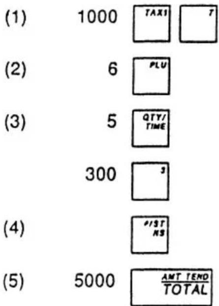 (1) 1000 TAXI T (2) 6 PLU (3) 5 QTY/ TIME 300 J (4) #/ST NS (5) 5000 AMT TEND TOTAL