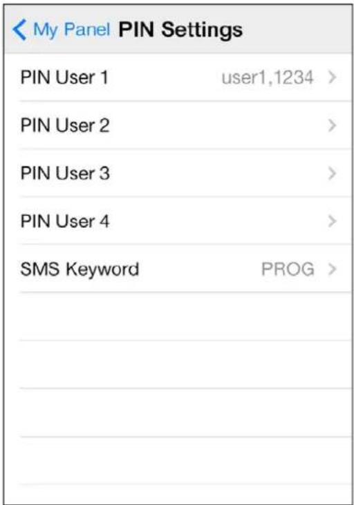 My Panel PIN Settings PIN User 1 user1,1234 > PIN User 2 > PIN User 3 > PIN User 4 > SMS Keyword PROG >