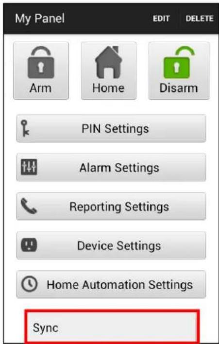 My Panel EDIT DELETE Arm Home Disarm PIN Settings Alarm Settings Reporting Settings Device Settings Home Automation Settings Sync
