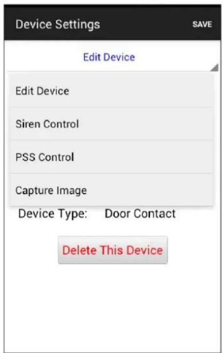 Device Settings SAVE Edit Device Edit Device Siren Control PSS Control Capture Image Device Type: Door Contact Delete This Device
