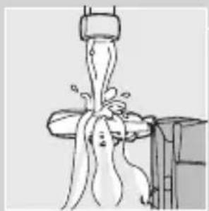 Illustration of a person pouring liquid from a bottle into a container.