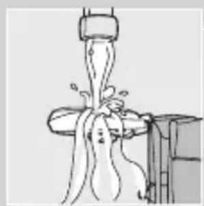 Illustration of a person pouring liquid from a bottle into a container (no text or symbols)